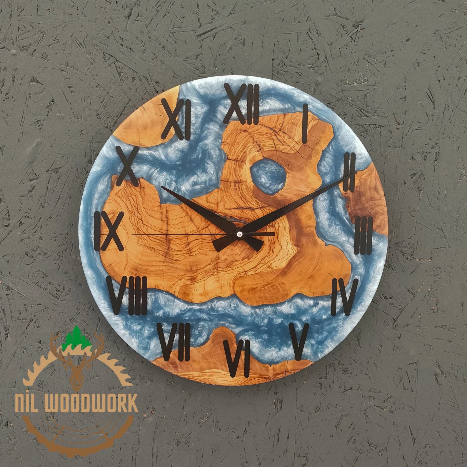 Personalized Walnut Wood Resin Wall Clock – Unique Epoxy Wall Clock, Handmade Olive Wood and Resin Timepiece, Modern Elegance, Custom Resin Art Wall Clock for Home Décor-Wall Clock-BEESARI