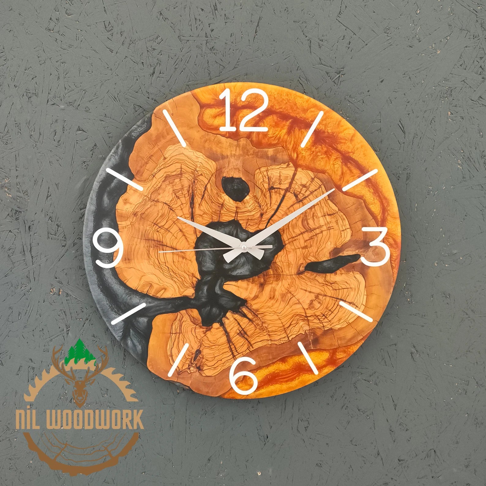 Personalized Walnut Wood Resin Wall Clock – Unique Epoxy Wall Clock, Handmade Olive Wood and Resin Timepiece, Modern Elegance, Custom Resin Art Wall Clock for Home Décor-Wall Clock-BEESARI