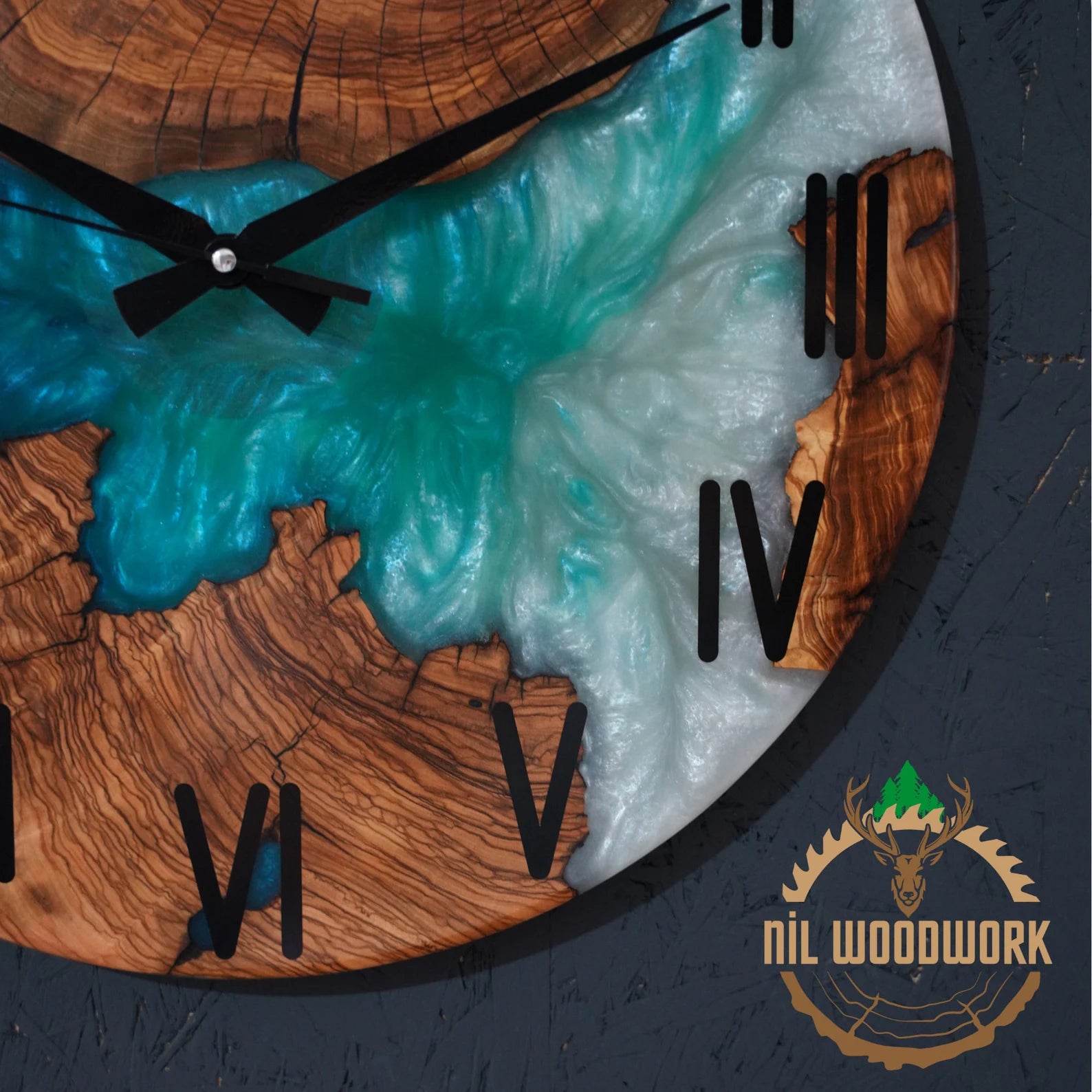 Personalized Walnut Wood Resin Wall Clock – Unique Epoxy Wall Clock, Handmade Olive Wood and Resin Timepiece, Modern Elegance, Custom Resin Art Wall Clock for Home Décor-Wall Clock-BEESARI