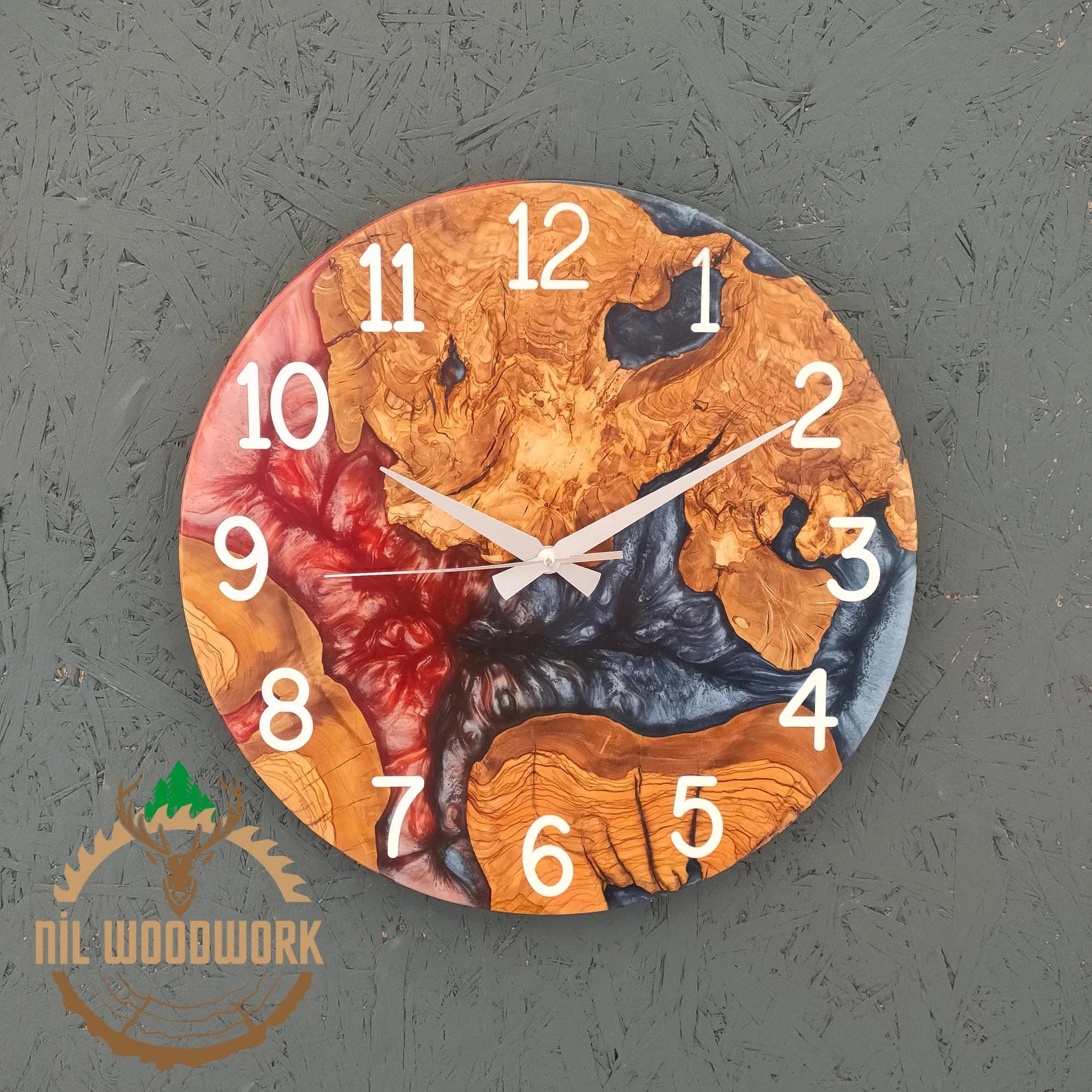Personalized Walnut Wood Resin Wall Clock – Unique Epoxy Wall Clock, Handmade Olive Wood and Resin Timepiece, Modern Elegance, Custom Resin Art Wall Clock for Home Décor-Wall Clock-BEESARI
