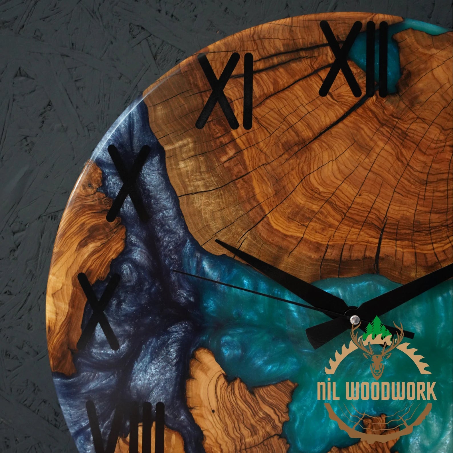 Personalized Walnut Wood Resin Wall Clock – Unique Epoxy Wall Clock, Handmade Olive Wood and Resin Timepiece, Modern Elegance, Custom Resin Art Wall Clock for Home Décor-Wall Clock-BEESARI