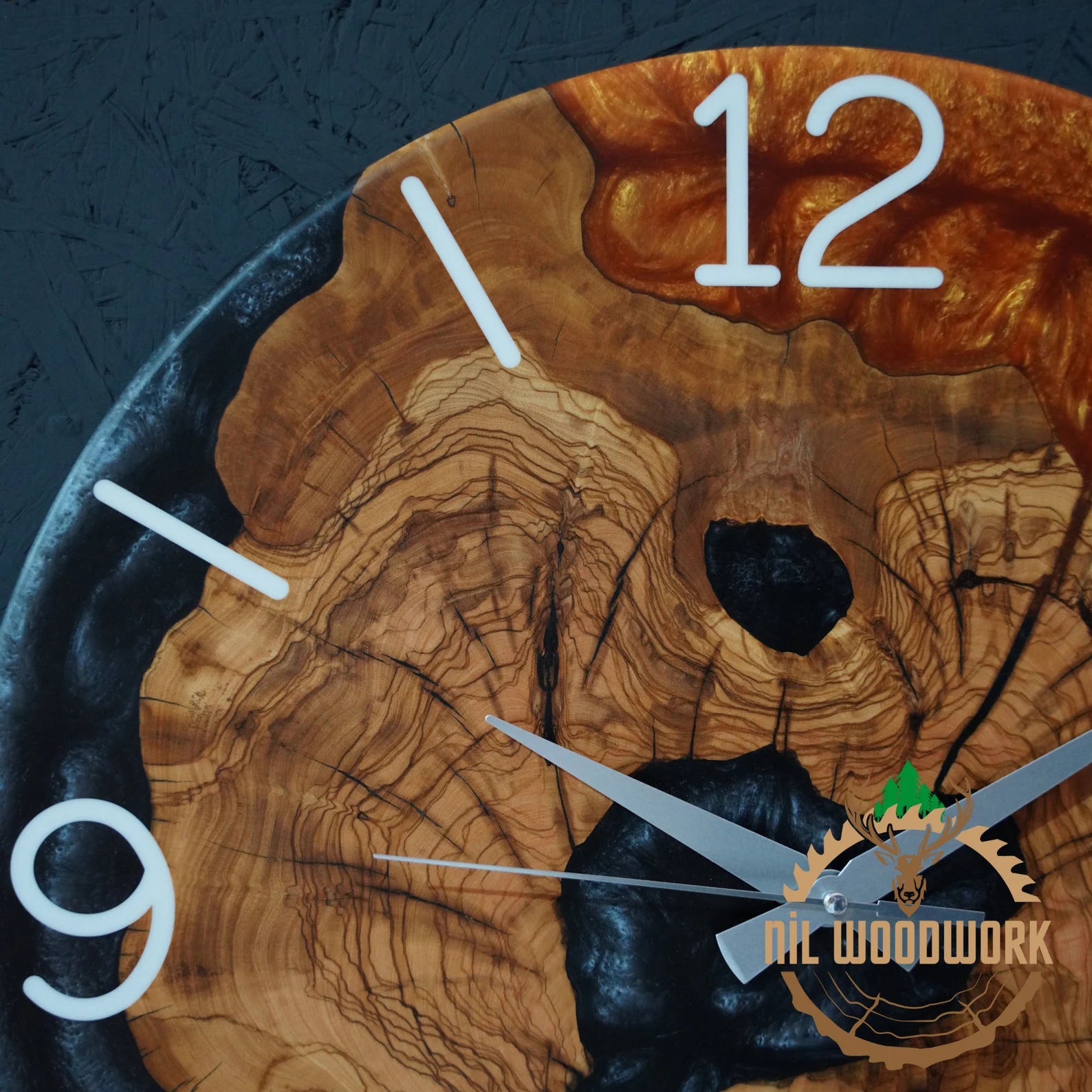 Personalized Walnut Wood Resin Wall Clock – Unique Epoxy Wall Clock, Handmade Olive Wood and Resin Timepiece, Modern Elegance, Custom Resin Art Wall Clock for Home Décor-Wall Clock-BEESARI