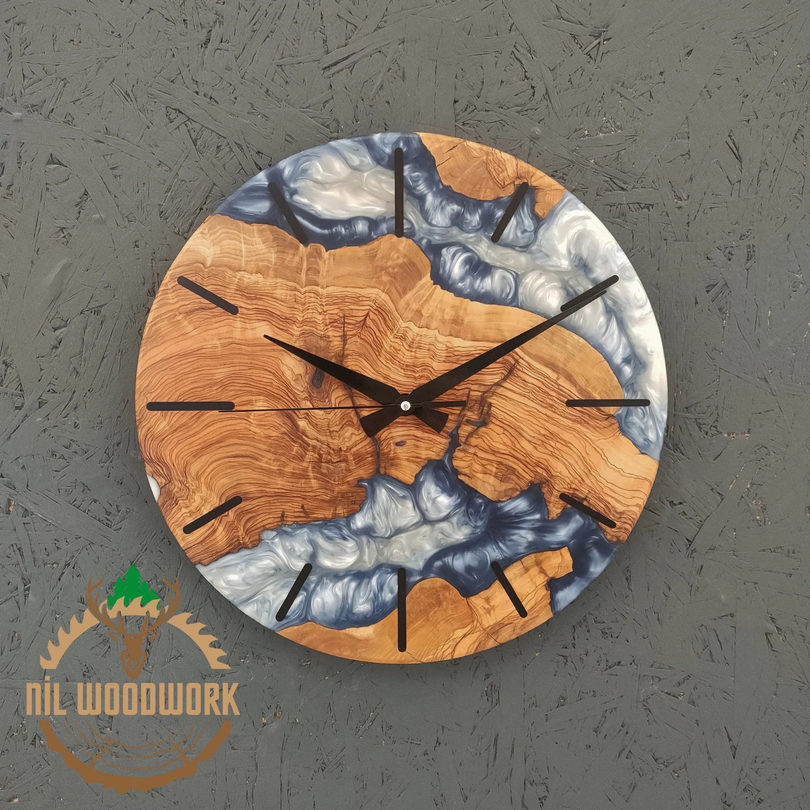 Personalized Walnut Wood Resin Wall Clock – Unique Epoxy Wall Clock, Handmade Olive Wood and Resin Timepiece, Modern Elegance, Custom Resin Art Wall Clock for Home Décor-Wall Clock-BEESARI