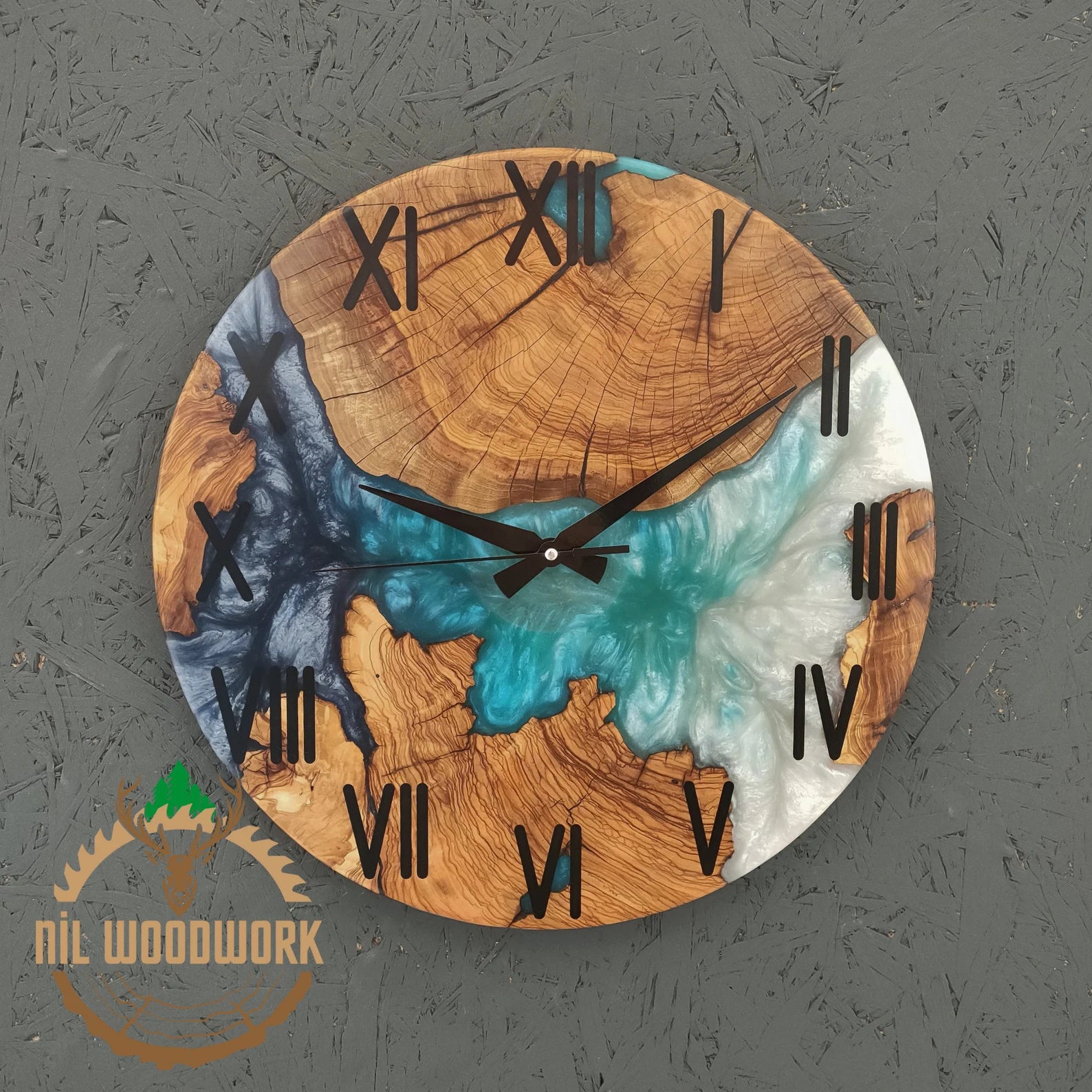 Personalized Walnut Wood Resin Wall Clock – Unique Epoxy Wall Clock, Handmade Olive Wood and Resin Timepiece, Modern Elegance, Custom Resin Art Wall Clock for Home Décor-Wall Clock-BEESARI