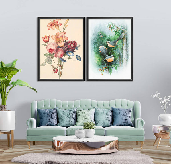 Pink Flower Green Sparrows Oil Paint (2 Panel) Digital Wall Art