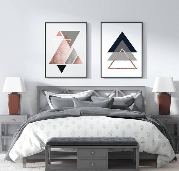 Pink Grey Geometric Triangles (2 Panel) Abstract Wall Art