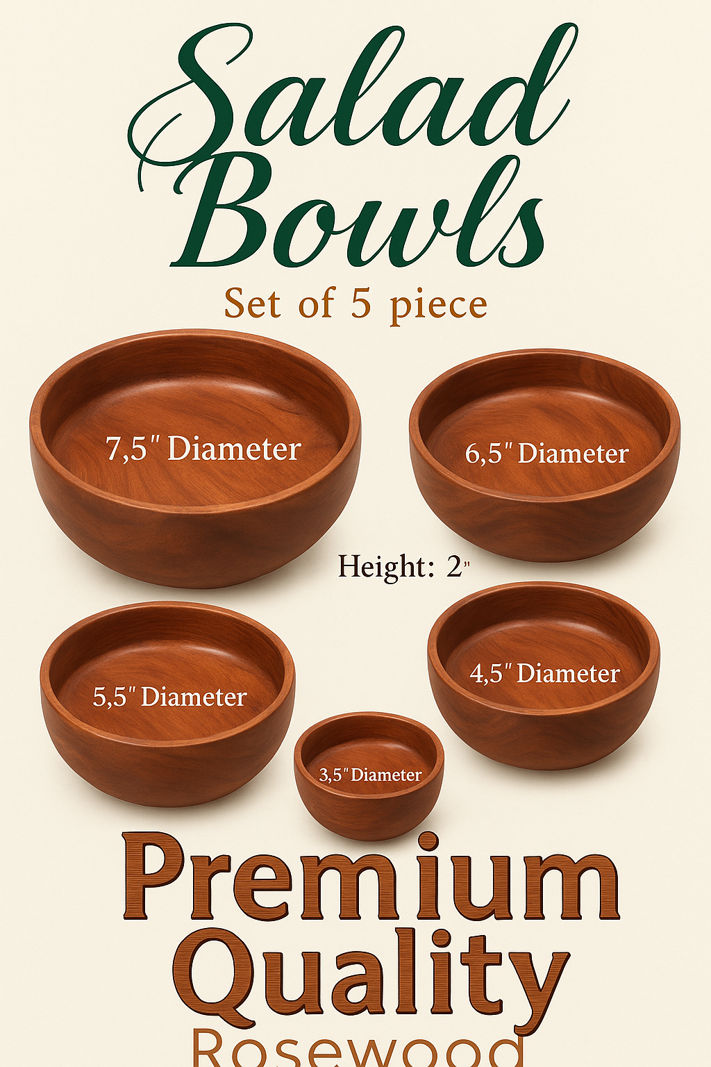Premium Rosewood Salad Bowls, Set of 5, Lacquer Finished ,best for parties serving