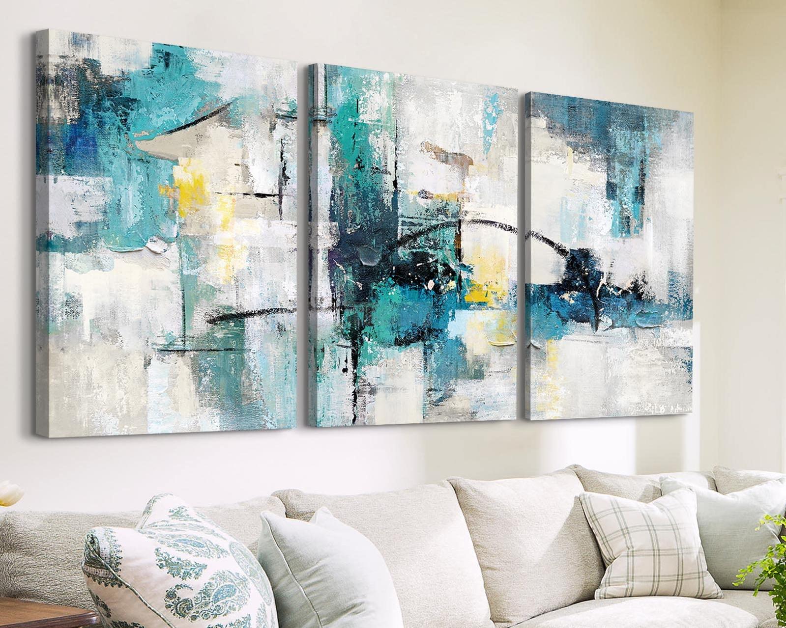 Room Decor Wall Art Living Room Extra Large Canvas Painting Wall Decor Aqua Blue Teal Gray Modern Office Decor Abstract Dining Room Wall Decorations-Painting-BEESARI