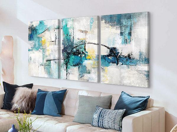 Room Decor Wall Art Living Room Extra Large Canvas Painting Wall Decor Aqua Blue Teal Gray Modern Office Decor Abstract Dining Room Wall Decorations-Painting-BEESARI