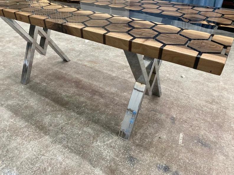 Rosewood Hexagon Honeycomb Design Clear Epoxy Resin Table - Handmade Live Edge Furniture-Tables-BEESARI