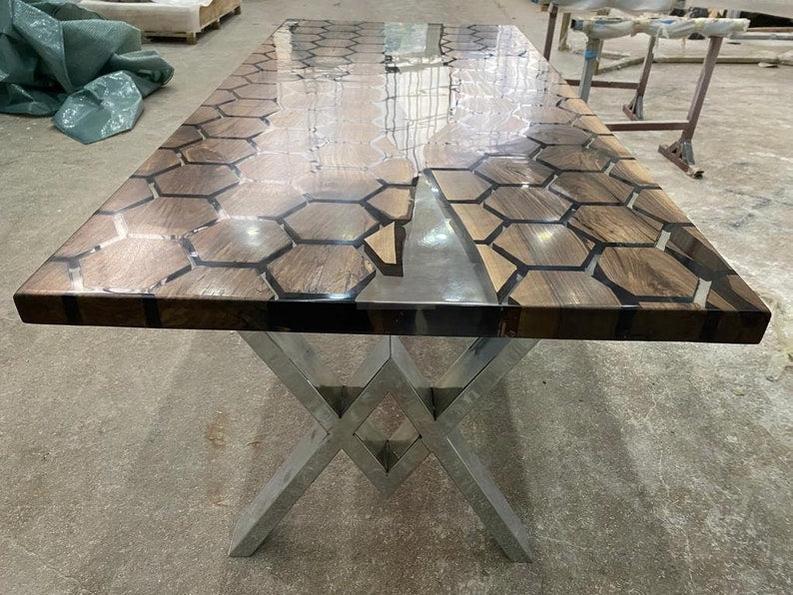 Rosewood Hexagon Honeycomb Design Clear Epoxy Resin Table - Handmade Live Edge Furniture-Tables-BEESARI