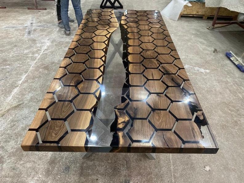 Rosewood Hexagon Honeycomb Design Clear Epoxy Resin Table - Handmade Live Edge Furniture-Tables-BEESARI