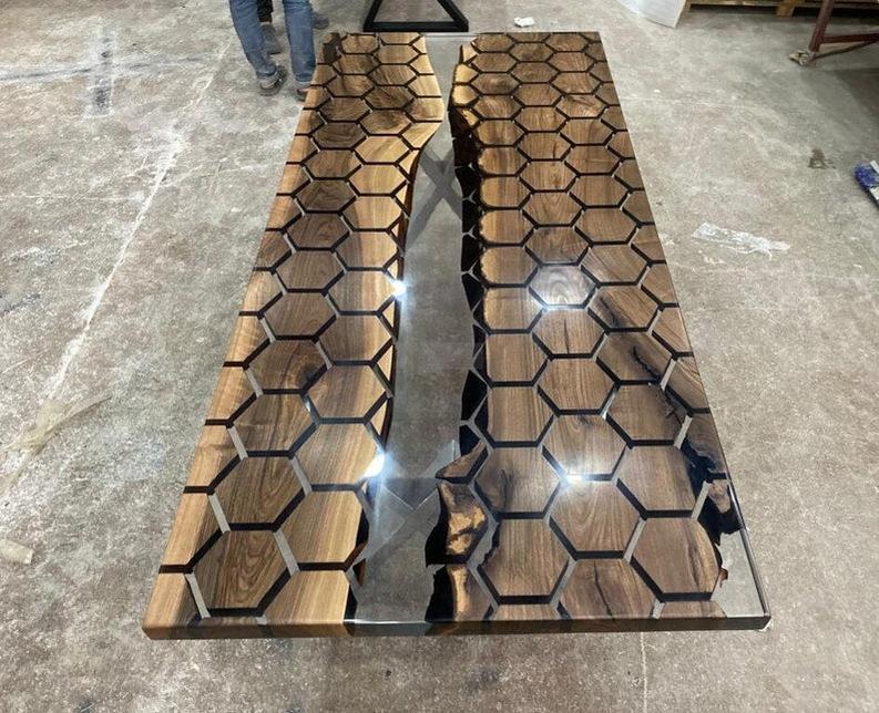 Rosewood Hexagon Honeycomb Design Clear Epoxy Resin Table - Handmade Live Edge Furniture-Tables-BEESARI