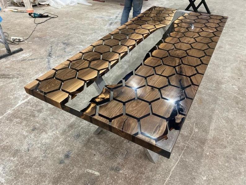 Rosewood Hexagon Honeycomb Design Clear Epoxy Resin Table - Handmade Live Edge Furniture-Tables-BEESARI