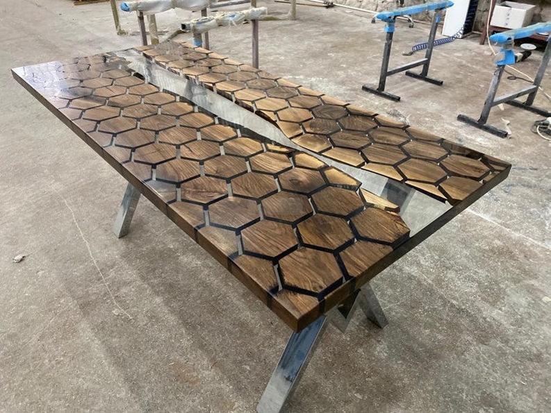 Rosewood Hexagon Honeycomb Design Clear Epoxy Resin Table - Handmade Live Edge Furniture-Tables-BEESARI