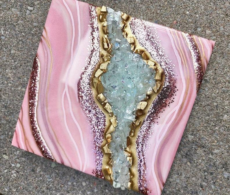 Stunning Small Pink Geode Wall Art with Resin Gold Accents - Perfect Mini Geode Home Decor-Wall Decor-BEESARI