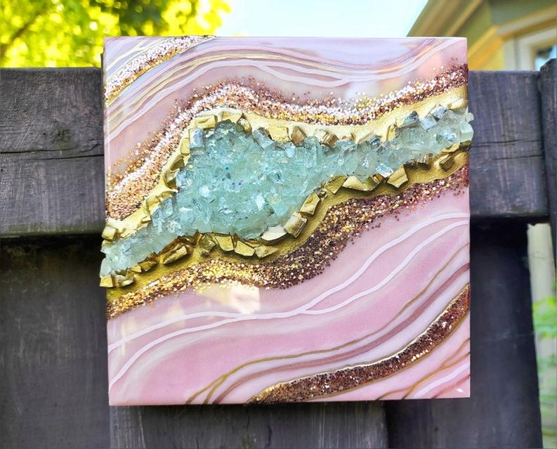 Stunning Small Pink Geode Wall Art with Resin Gold Accents - Perfect Mini Geode Home Decor-Wall Decor-BEESARI