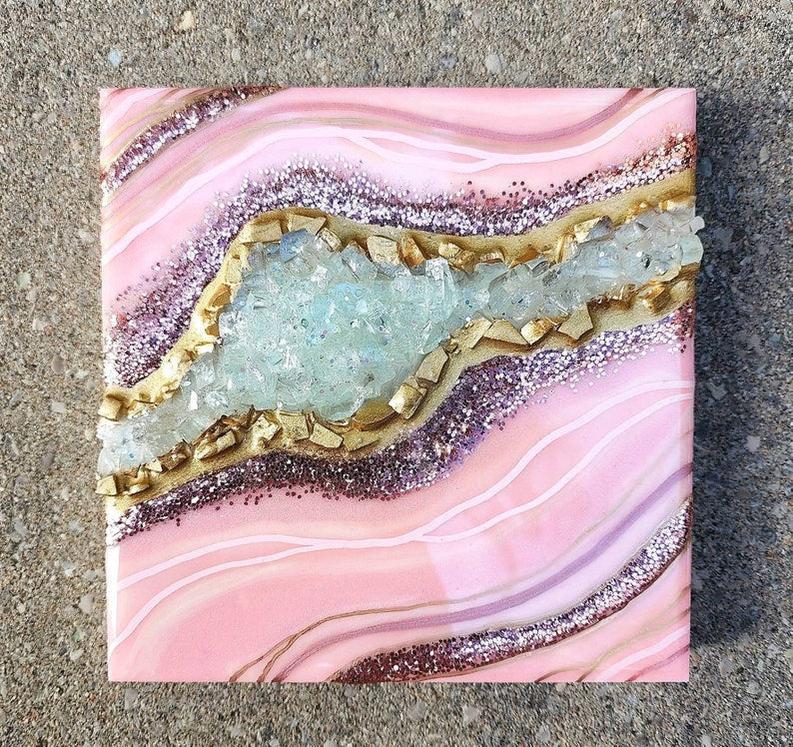 Stunning Small Pink Geode Wall Art with Resin Gold Accents - Perfect Mini Geode Home Decor-Wall Decor-BEESARI