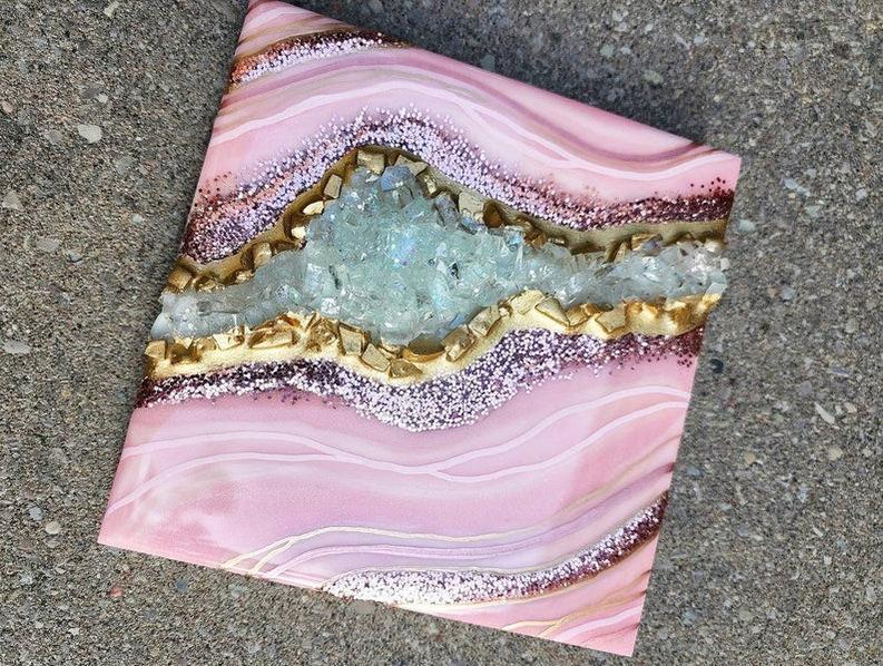 Stunning Small Pink Geode Wall Art with Resin Gold Accents - Perfect Mini Geode Home Decor-Wall Decor-BEESARI
