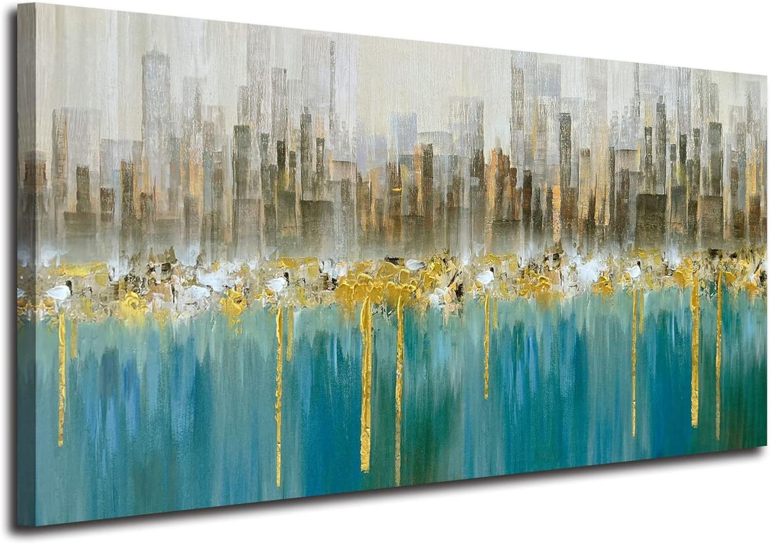 Teal Abstract Cityscape Canvas Wall Art Modern Skyline Gold Textured Painting, Grey Buildings Large Turquoise Artwork for Living Room Bedroom Home Office Wall Decor-Painting-BEESARI