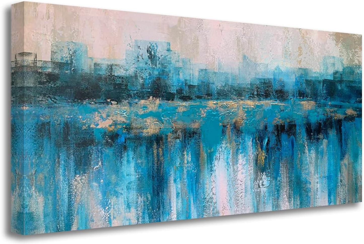 Teal Abstract Wall Art Modern Blue Grey Picture Cityscape Indigo Textured Gold Painting-Painting-BEESARI