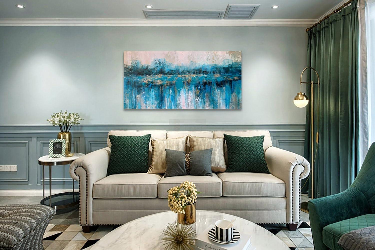 Teal Abstract Wall Art Modern Blue Grey Picture Cityscape Indigo Textured Gold Painting-Painting-BEESARI