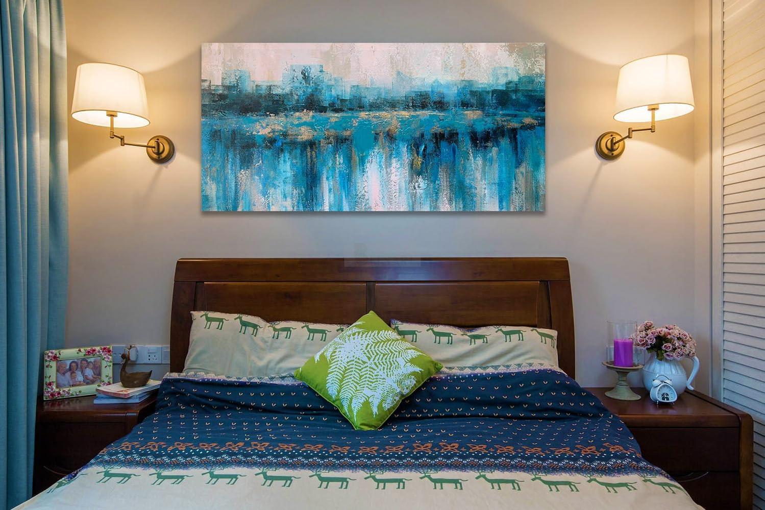 Teal Abstract Wall Art Modern Blue Grey Picture Cityscape Indigo Textured Gold Painting-Painting-BEESARI