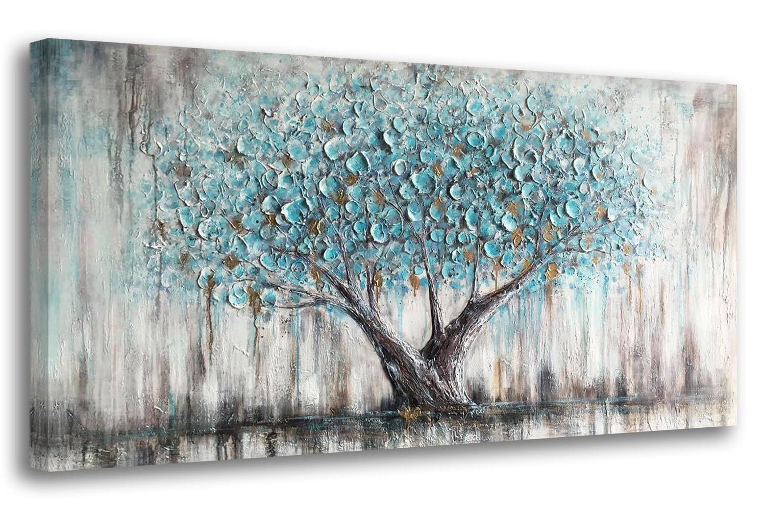 Tree Wall Art Teal Blue Nature Tree of Life Abstract Canvas Painting Textured, Modern Large Panoramic Landscape Artwork Framed for Living Room Bedroom Bathroom Office Home Decor-Painting-BEESARI