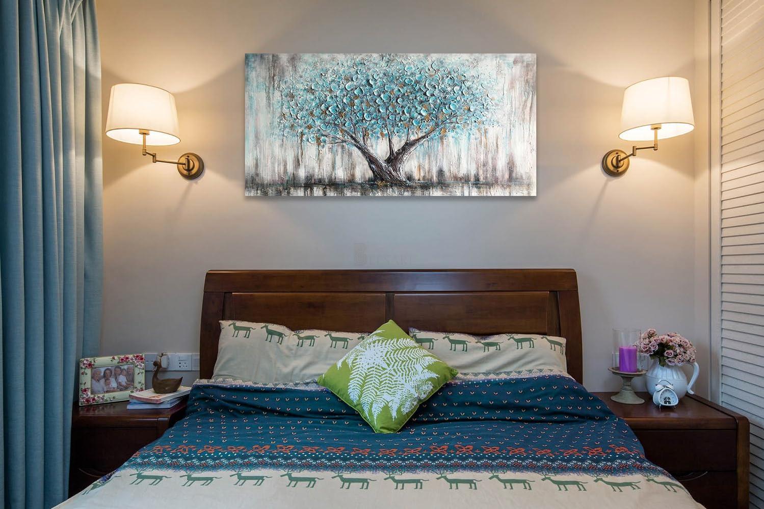 Tree Wall Art Teal Blue Nature Tree of Life Abstract Canvas Painting Textured, Modern Large Panoramic Landscape Artwork Framed for Living Room Bedroom Bathroom Office Home Decor-Painting-BEESARI