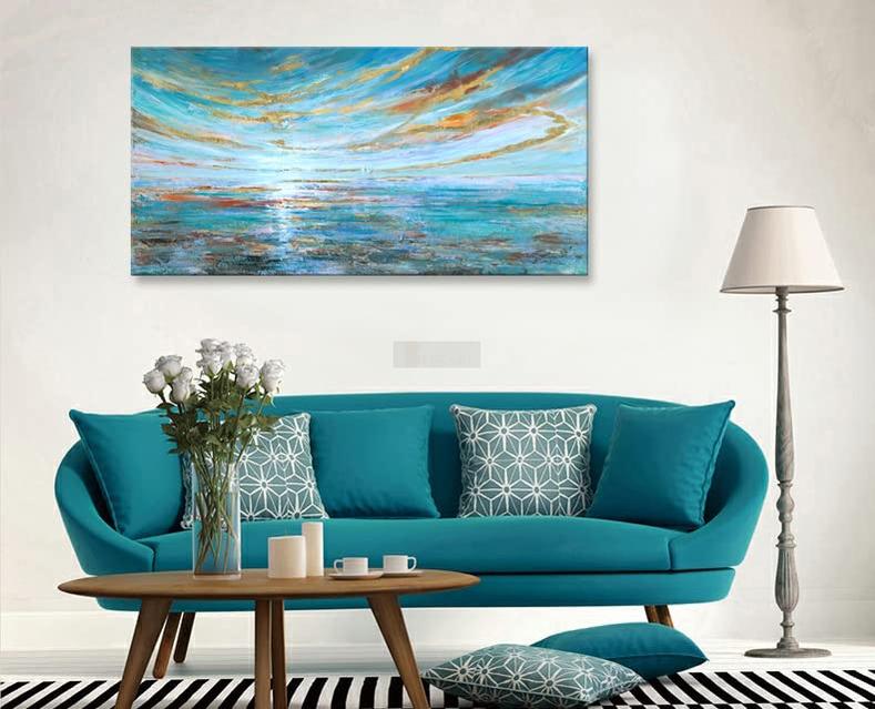 Turquoise Abstract Seascape Wall Art Hand Painted Modern Ocean Textured Oil Painting on Canvas-Painting-BEESARI