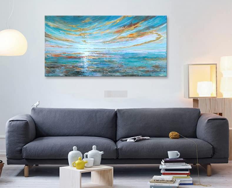 Turquoise Abstract Seascape Wall Art Hand Painted Modern Ocean Textured Oil Painting on Canvas-Painting-BEESARI