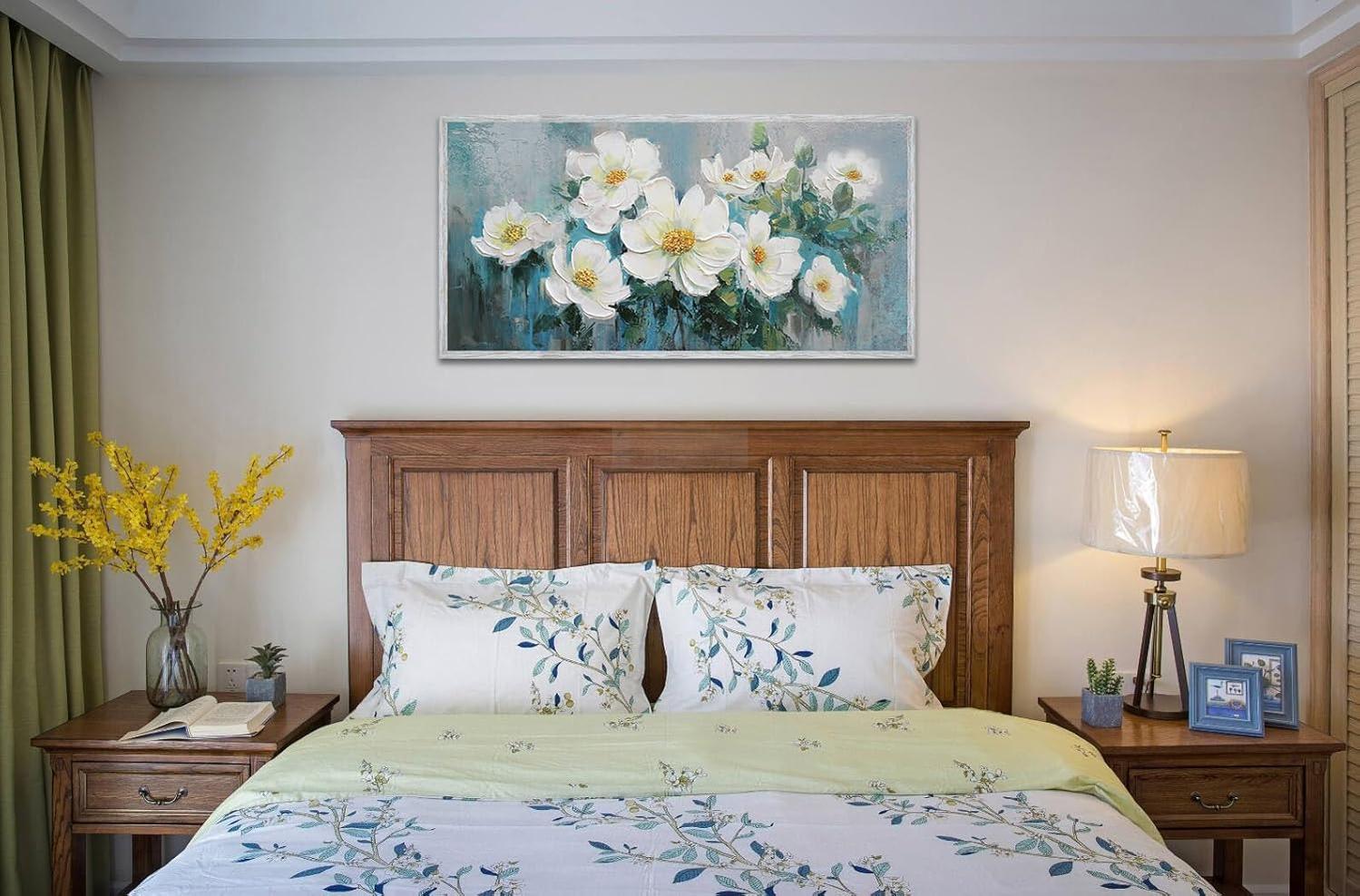 White Flowers Wall Art Canvas Magnolia Teal Floral 3D Textured Painting Gold Turquoise Blue Painting for Living Room Bedroom Bathroom Home Office Wall Decor-Painting-BEESARI