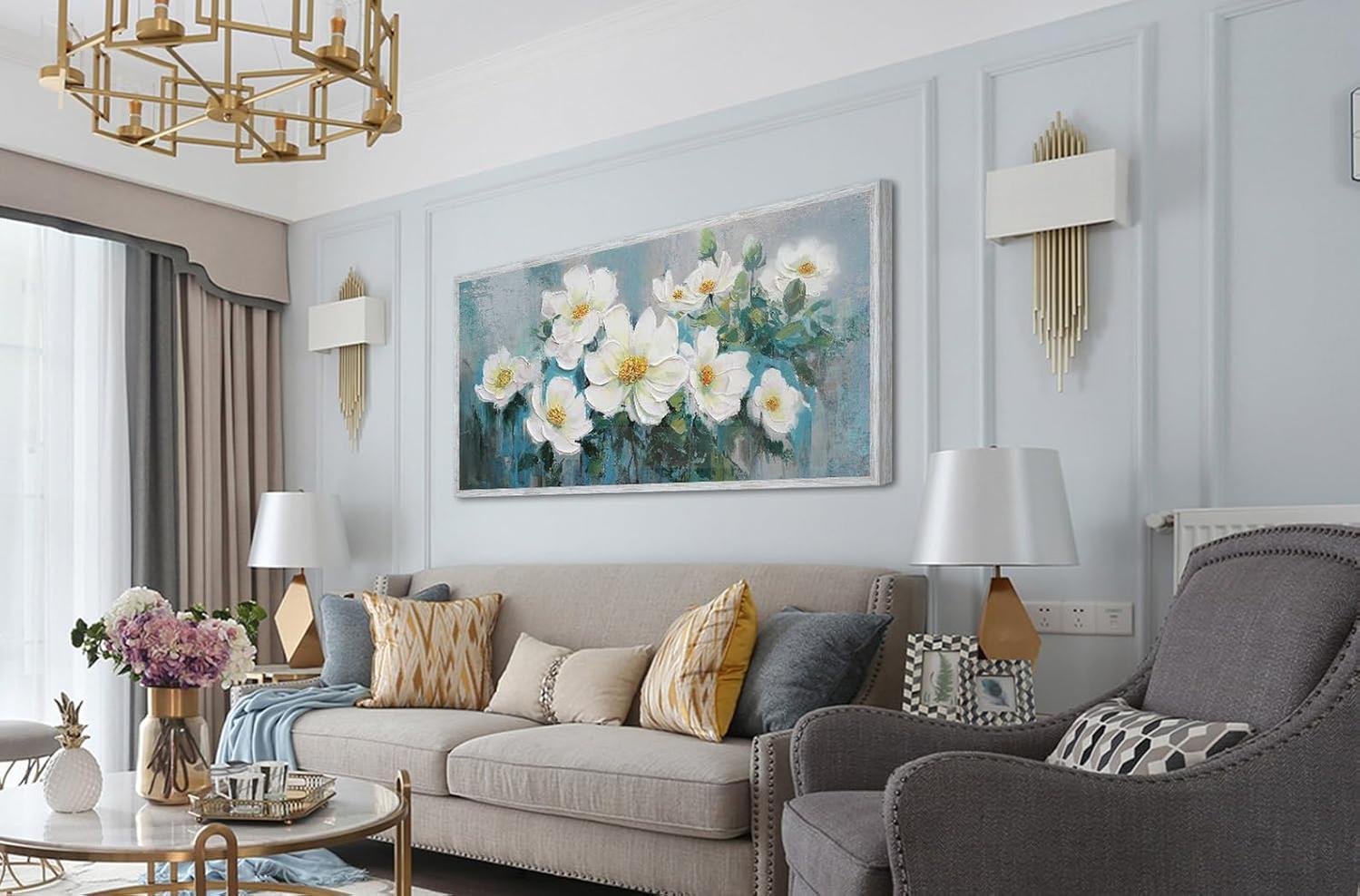 White Flowers Wall Art Canvas Magnolia Teal Floral 3D Textured Painting Gold Turquoise Blue Painting for Living Room Bedroom Bathroom Home Office Wall Decor-Painting-BEESARI