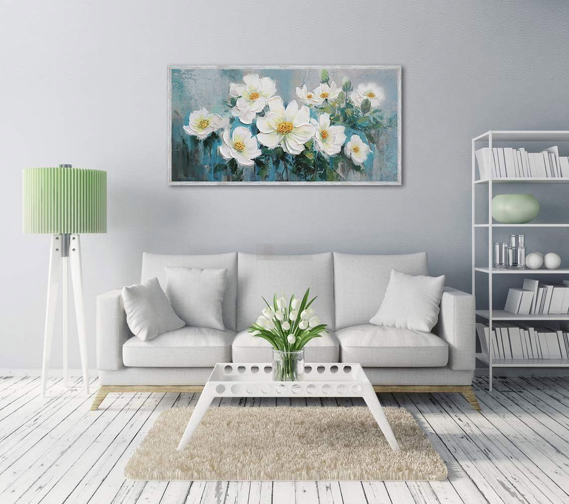 White Flowers Wall Art Canvas Magnolia Teal Floral 3D Textured Painting Gold Turquoise Blue Painting for Living Room Bedroom Bathroom Home Office Wall Decor-Painting-BEESARI