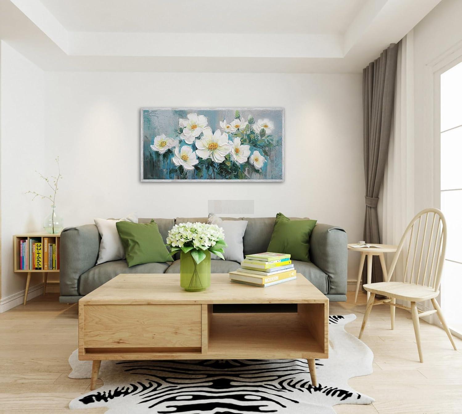 White Flowers Wall Art Canvas Magnolia Teal Floral 3D Textured Painting Gold Turquoise Blue Painting for Living Room Bedroom Bathroom Home Office Wall Decor-Painting-BEESARI