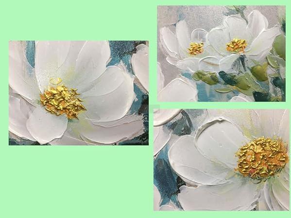 White Flowers Wall Art Canvas Magnolia Teal Floral 3D Textured Painting Gold Turquoise Blue Painting for Living Room Bedroom Bathroom Home Office Wall Decor-Painting-BEESARI