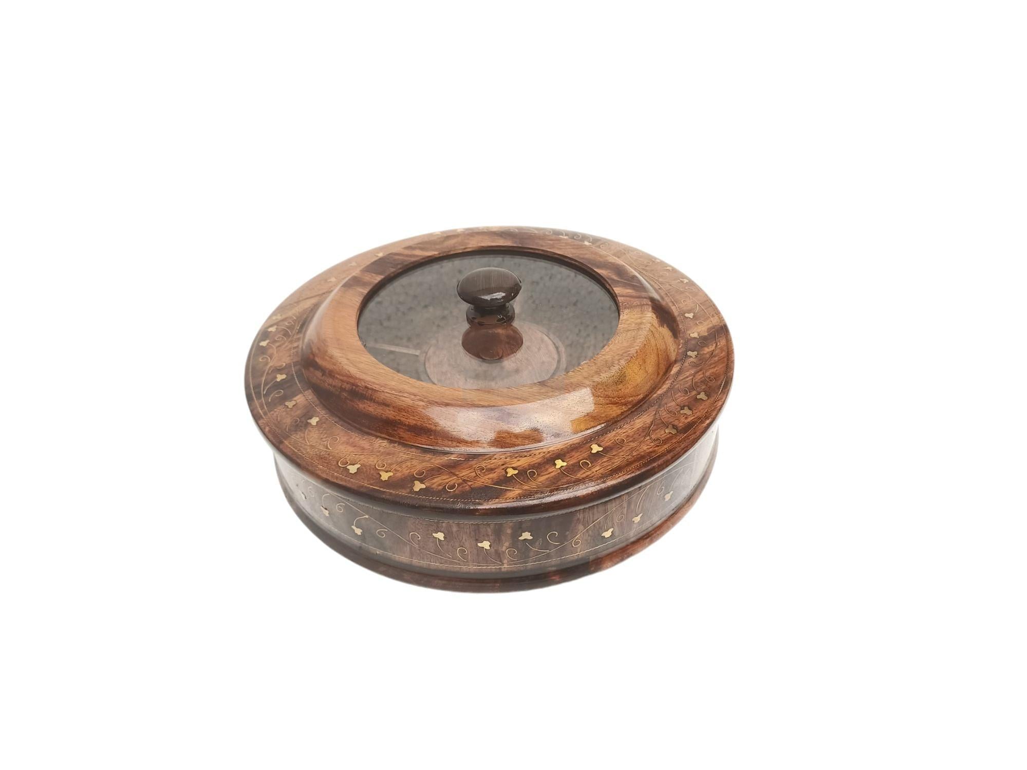 Wooden Dry fruit Basket with Brass Work and Glass Top-Trays-BEESARI