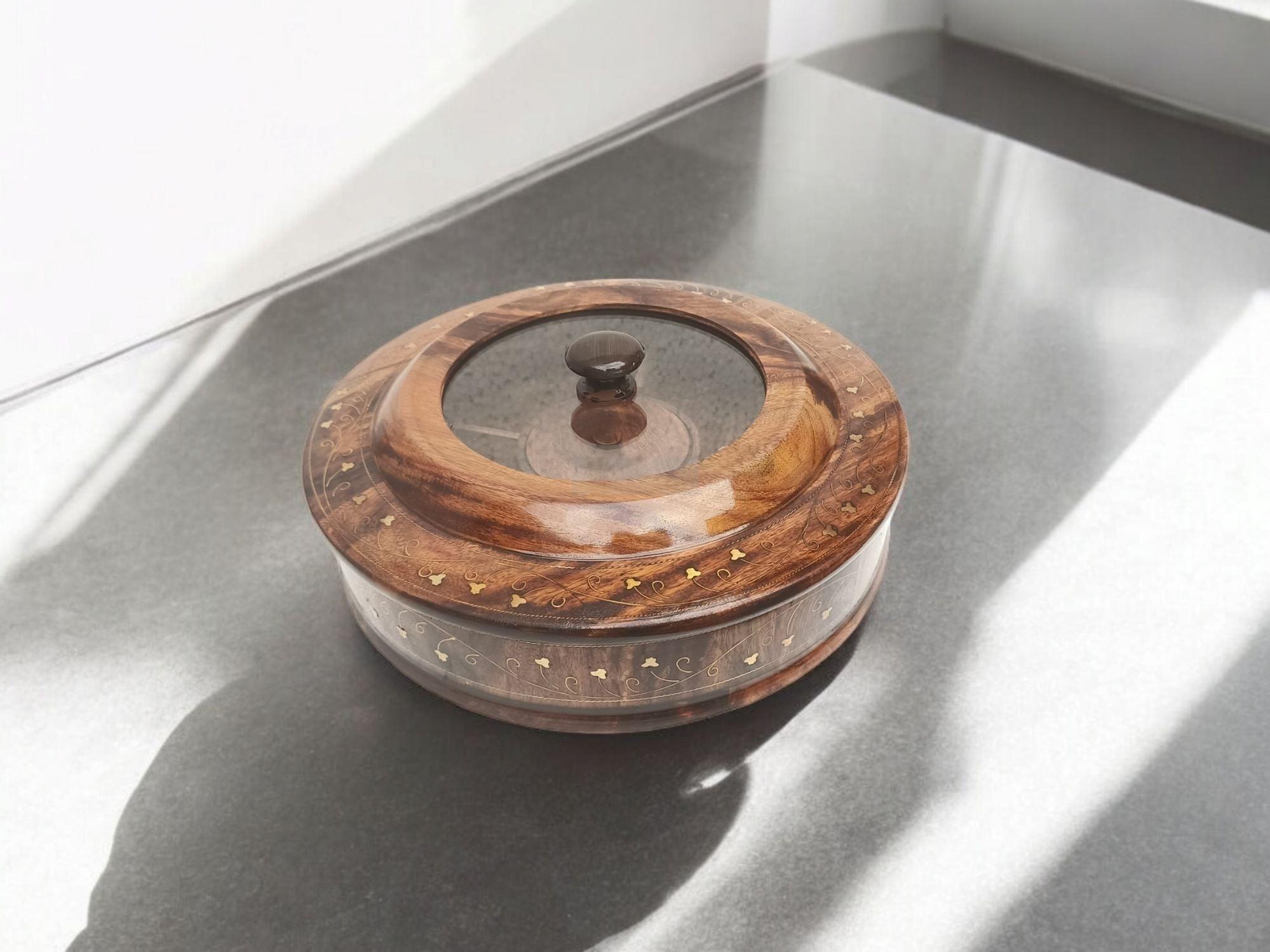Wooden Dry fruit Basket with Brass Work and Glass Top-Trays-BEESARI