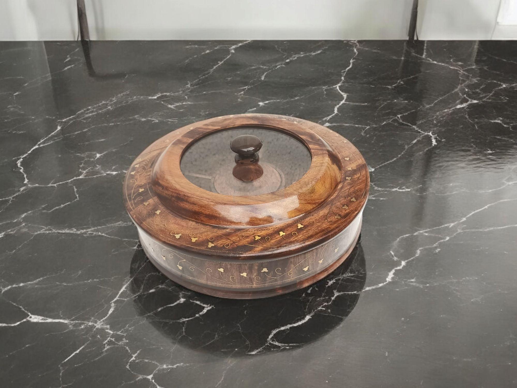 Wooden Dry fruit Basket with Brass Work and Glass Top-Trays-BEESARI