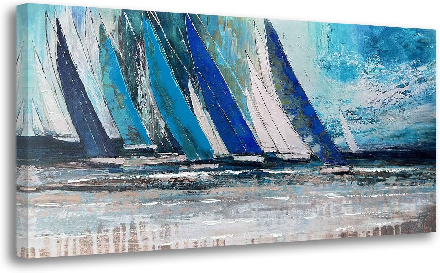 Blue Abstract Wall Art Canvas Teal Ocean Sailboat Modern Turquoise Coastal Nautical Painting Large Textured Artwork for Living Room Bedroom Bathroom Home Office Wall Decor-Painting-BEESARI