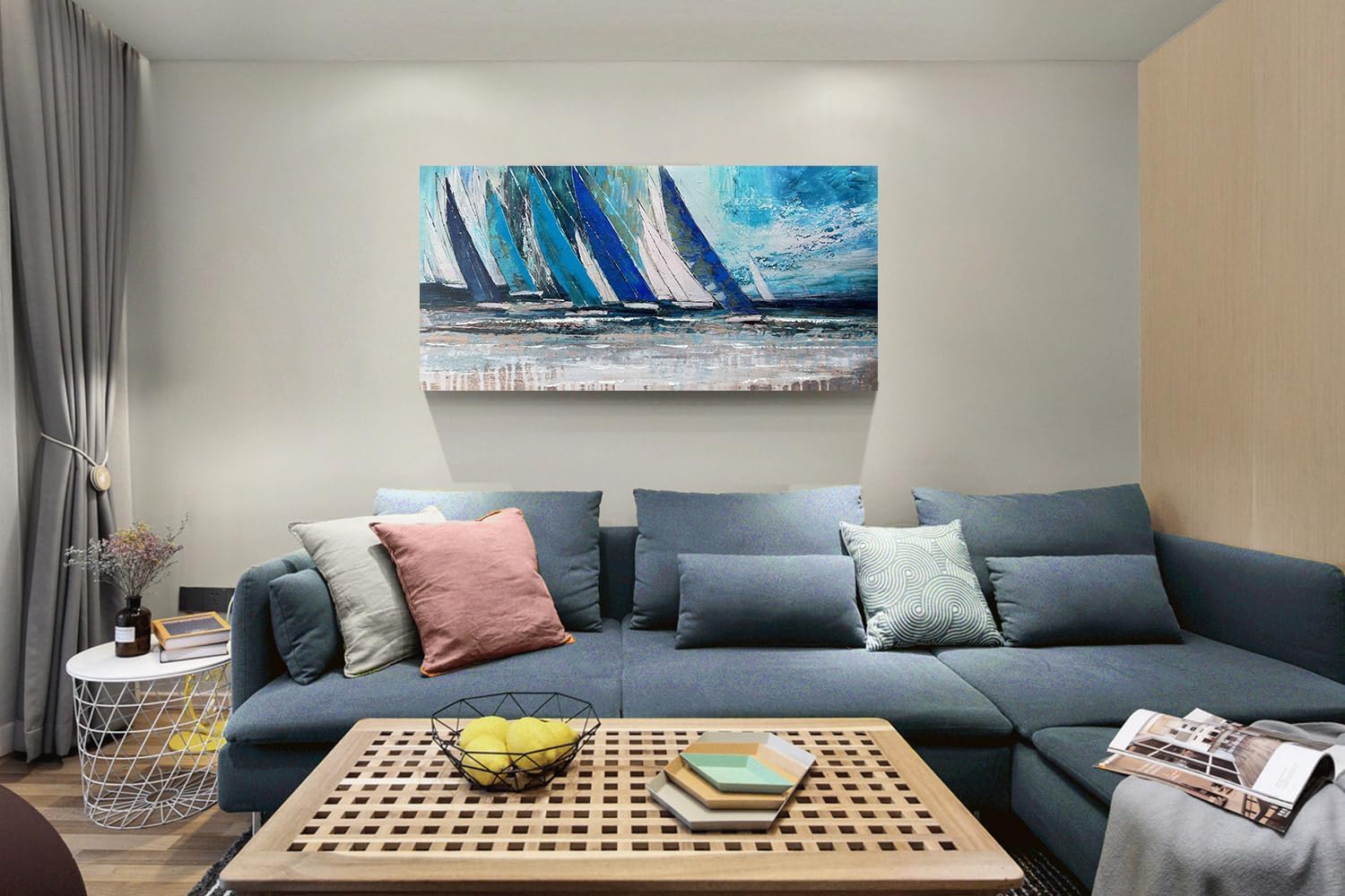 Blue Abstract Wall Art Canvas Teal Ocean Sailboat Modern Turquoise Coastal Nautical Painting Large Textured Artwork for Living Room Bedroom Bathroom Home Office Wall Decor-Painting-BEESARI