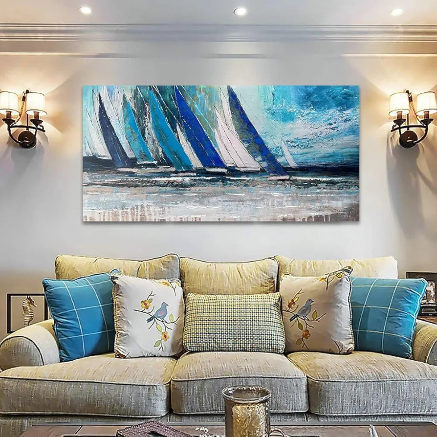 Blue Abstract Wall Art Canvas Teal Ocean Sailboat Modern Turquoise Coastal Nautical Painting Large Textured Artwork for Living Room Bedroom Bathroom Home Office Wall Decor-Painting-BEESARI