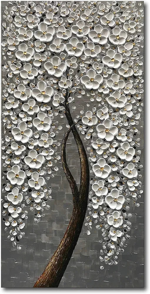 Epicler 100% Hand-Painted Flower Tree Mural, 3D Vertical Abstract Oil Painting, White Flower Art Wall Decoration, Living Room, Bedroom, Dining Room Mural-Painting-BEESARI