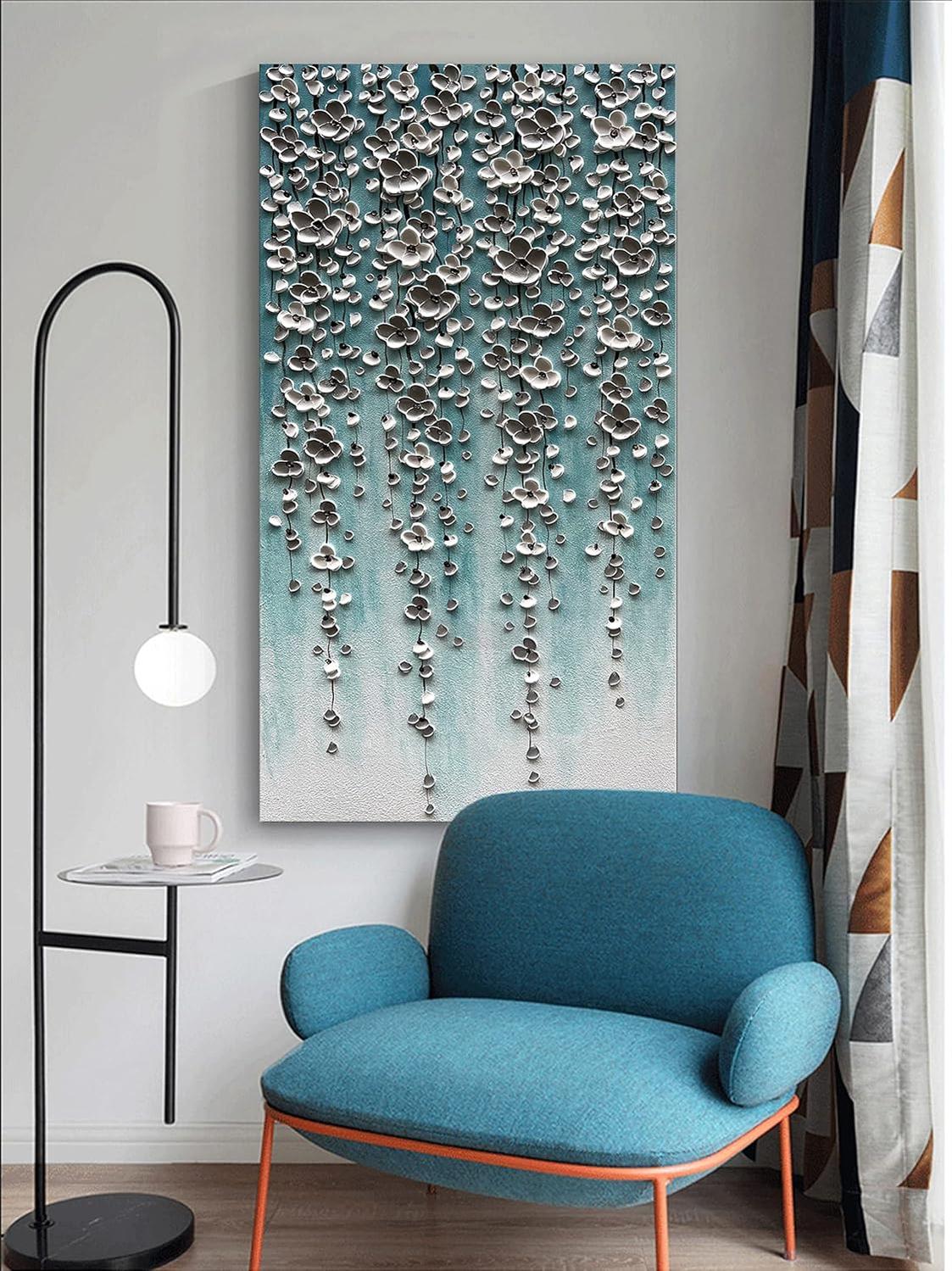 Epicler Large-Scale Oil Painting on Canvas Wall Art, Hand-Painted White Flower Wall Painting, Abstract Canvas Wall Art for Home Wall Decoration-Painting-BEESARI