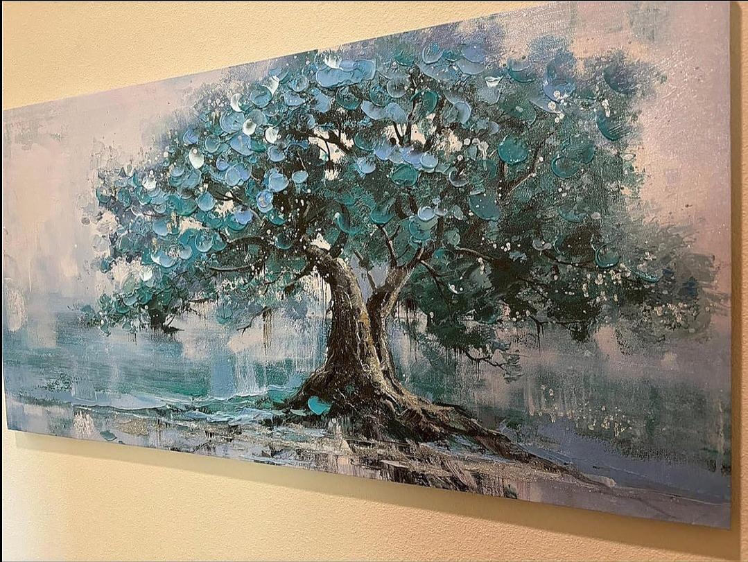 Hand-Painted Tree Canvas Wall Art Teal Tree of Life Landscape Painting Modern Nature Painting, Abstract Blue Artwork for Living Room Bedroom Bathroom Dinning Room Home Office Wall Decor-Painting-BEESARI