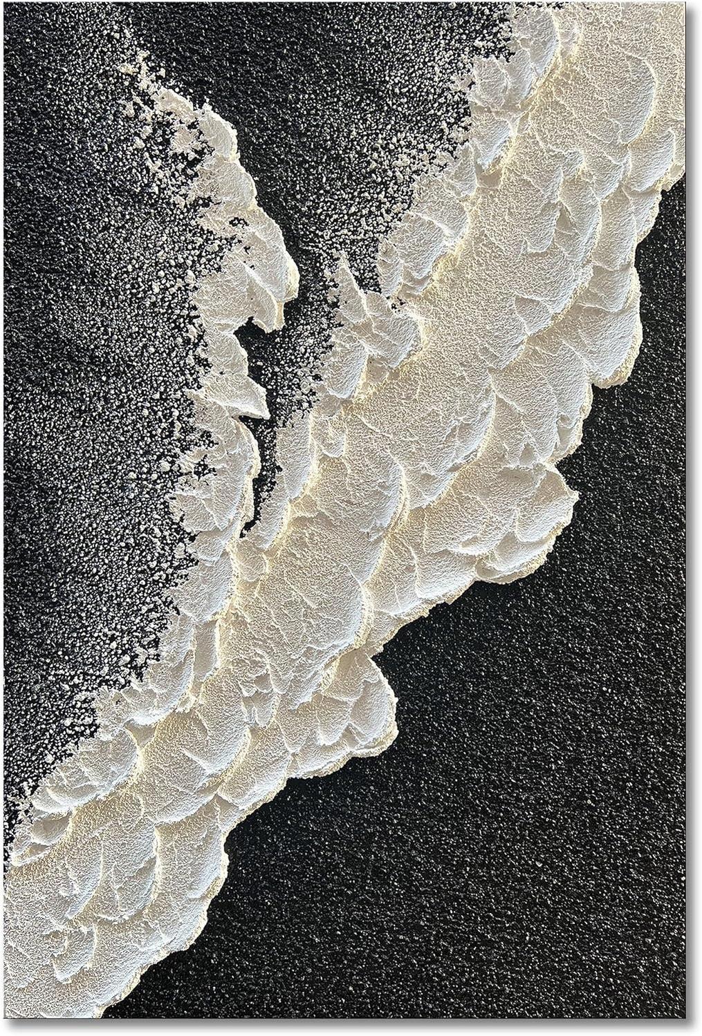 Handcrafted Thick Texture Black and White Abstract Canvas Art Ocean Wave Beach Landscape Oil Painting Home Wall Art Deco Oil Painting-Painting-BEESARI