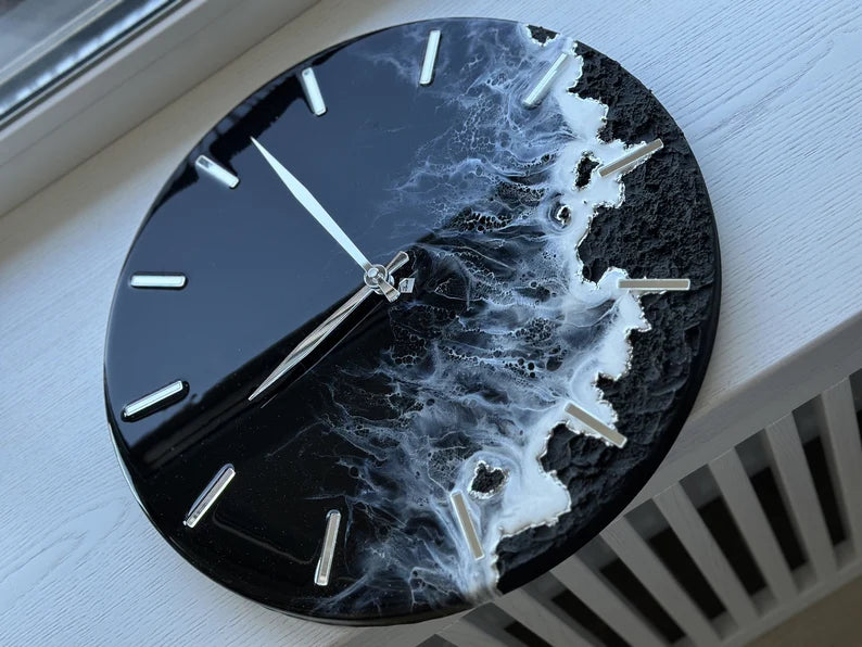 Custom Resin Art Wall Clock – Black Sea Design – Handmade Ocean-Inspired Clock for Unique Home Decor, Wedding Gift, or Personalized Nautical Wall Art