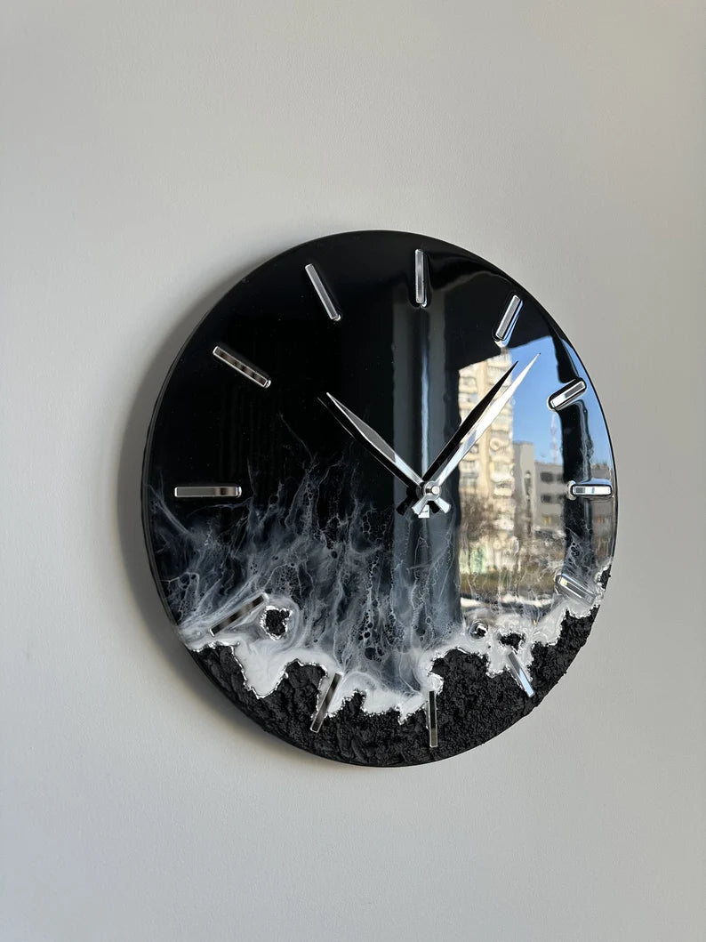 Custom Resin Art Wall Clock – Black Sea Design – Handmade Ocean-Inspired Clock for Unique Home Decor, Wedding Gift, or Personalized Nautical Wall Art