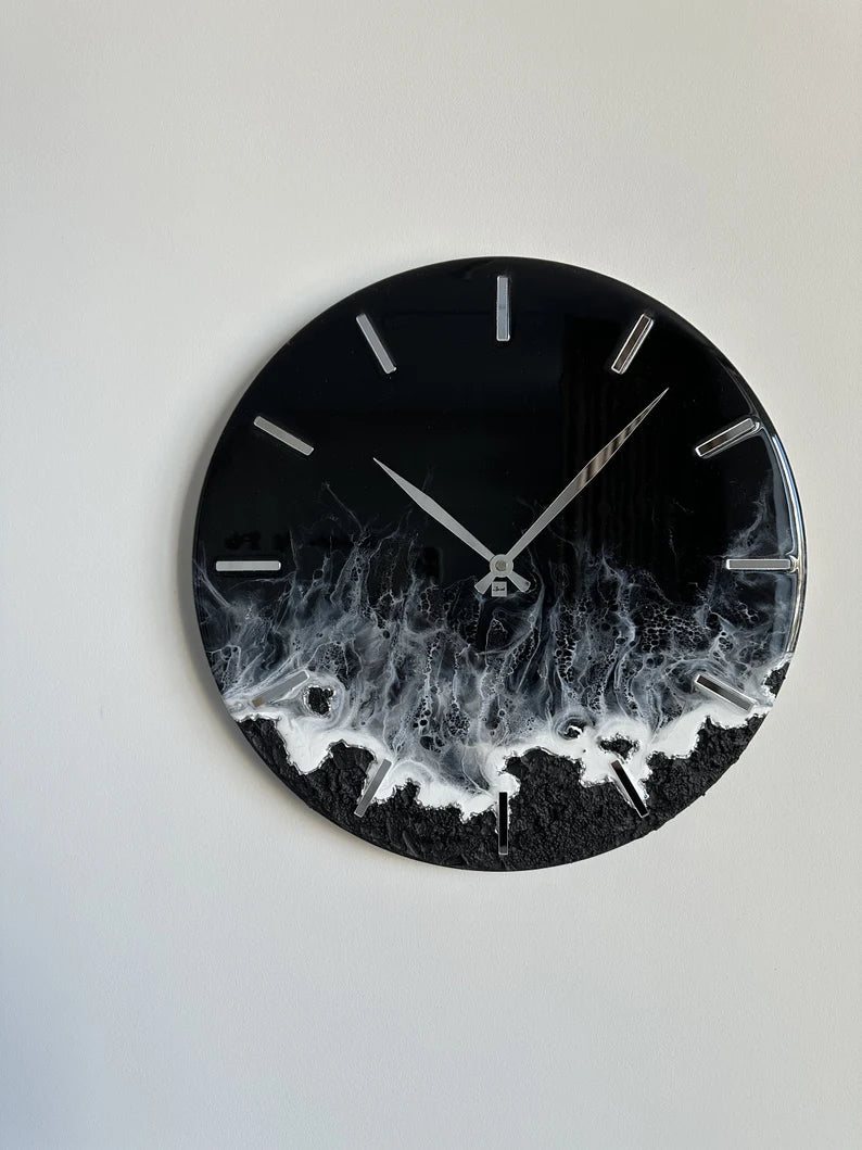 Custom Resin Art Wall Clock – Black Sea Design – Handmade Ocean-Inspired Clock for Unique Home Decor, Wedding Gift, or Personalized Nautical Wall Art