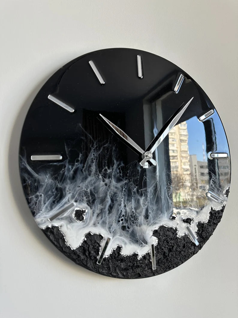 Custom Resin Art Wall Clock – Black Sea Design – Handmade Ocean-Inspired Clock for Unique Home Decor, Wedding Gift, or Personalized Nautical Wall Art